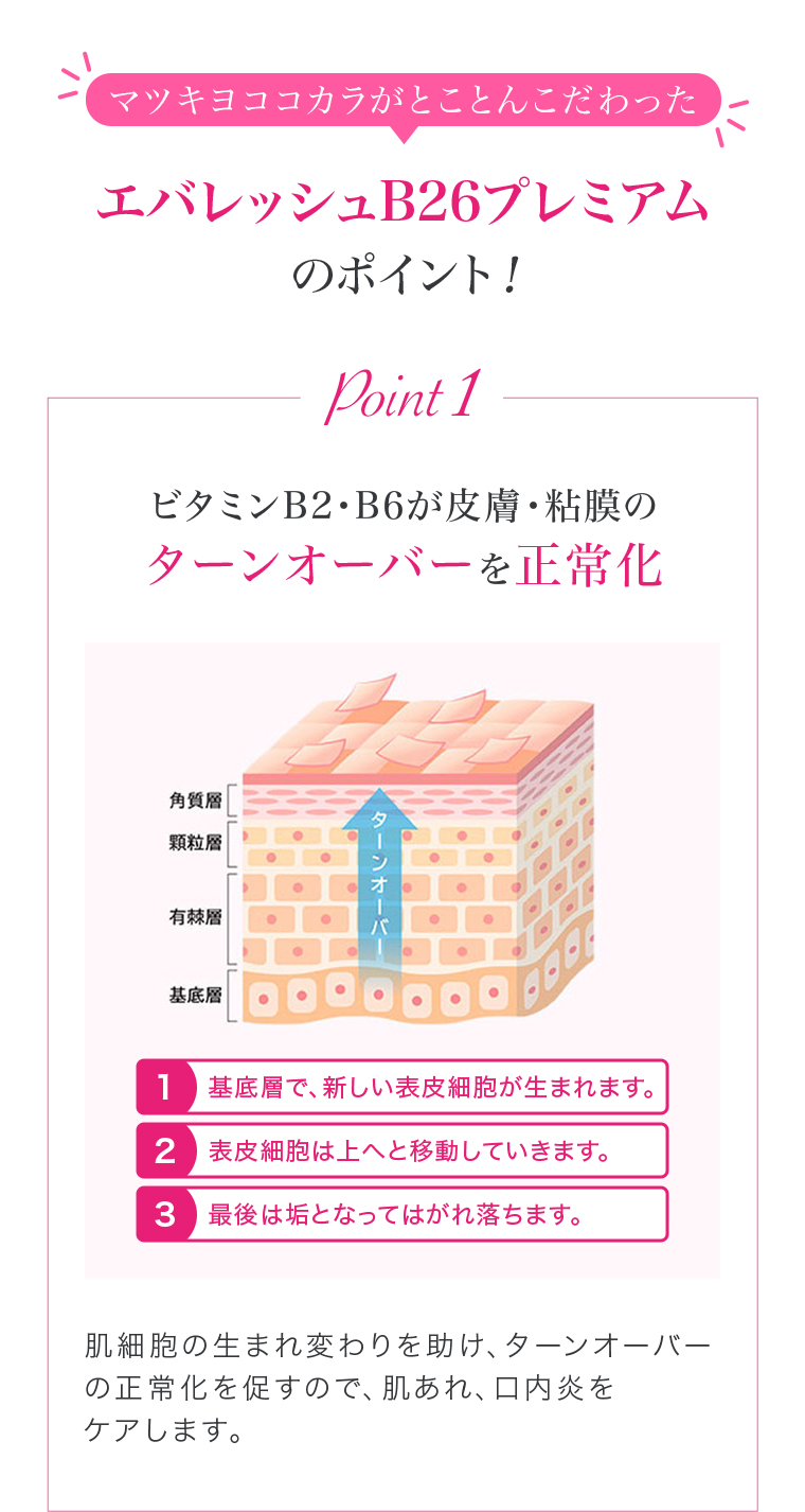 マツキヨココカラがとことんこだわったエバレッシュB26プレミアムのポイント!Point1 ビタミンB2・B6が皮膚・粘膜のターンオーバーを正常化