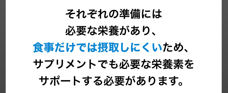 それぞれの準備には必要な栄養があり、食事だけでは摂取しにくいため、サプリメントでも必要な栄養素をサポートする必要があります。