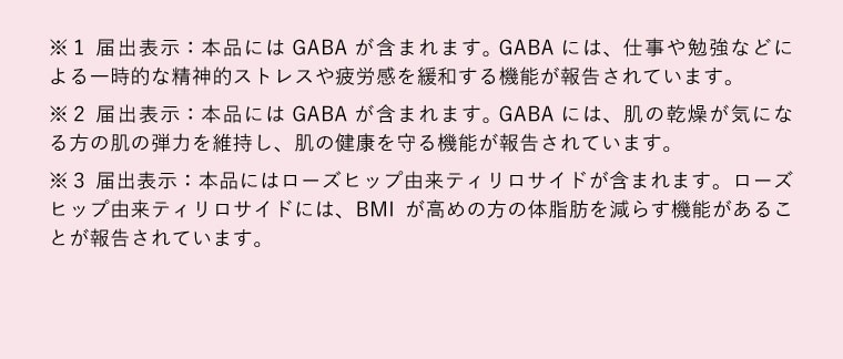 ※１ 届出表示：本品には GABA が含まれます。 GABA には、仕事や勉強などによる一時的な精神的ストレスや疲労感を緩和する機能が報告されています。※２ 届出表示：本品には GABA が含まれます。 GABA には、肌の乾燥が気になる方の肌の弾力を維持し、肌の健康を守る機能が報告されています。※３ 届出表示：本品にはローズヒップ由来ティリロサイドが含まれます。ローズヒップ由来ティリロサイドには、BMIが高めの方の体脂肪を減らす機能があることが報告されています。