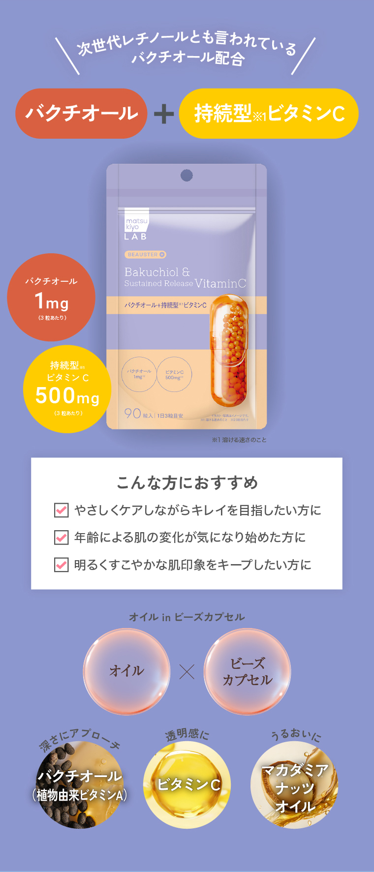 次世代レチノールとも言われているバクチオール配合 バクチオール+持続型※1ビタミンC