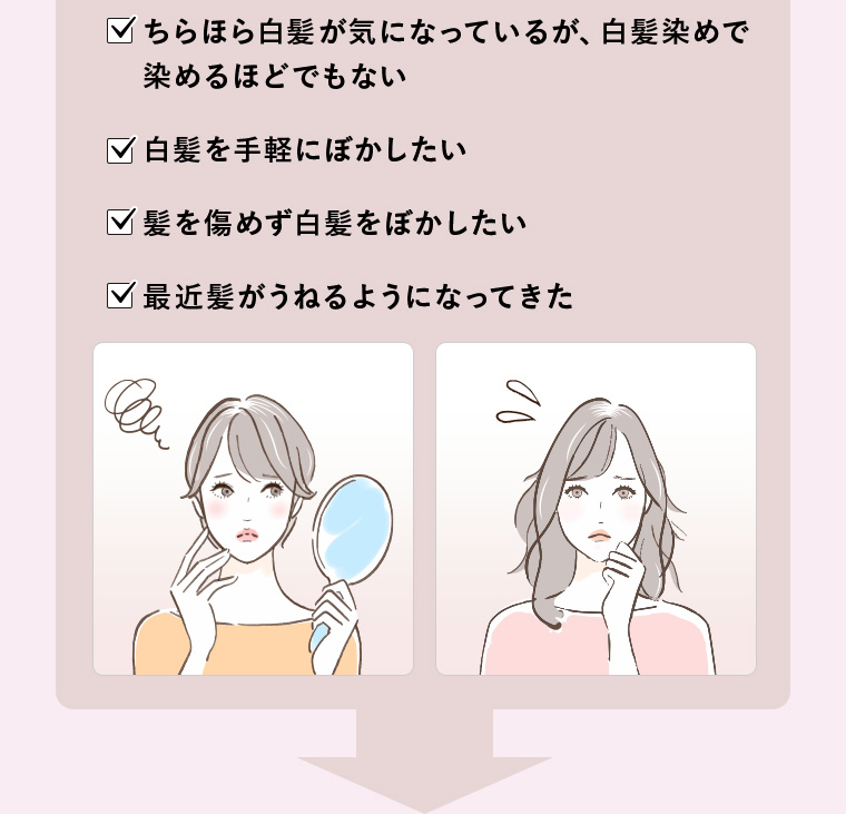 ちらほら白髪が気になっているが、白髪染めで染めるほどでもない/白髪を手軽にぼかしたい/髪を傷めず白髪をぼかしたい/最近髪がうねるようになってきた