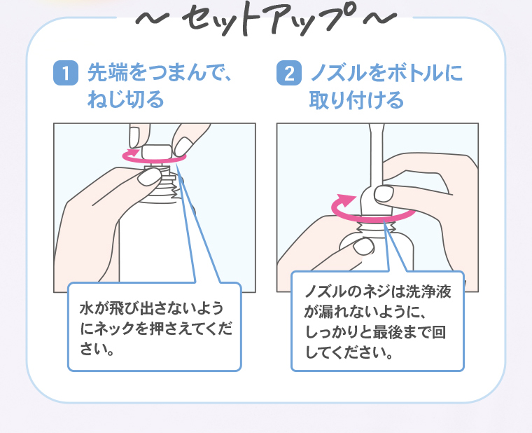 〜セットアップ〜 ①先端をつまんで、ねじ切る「水が飛び出さないようにネックを押さえてください。」②ノズルをボトルに取り付ける「ノズルのネジは洗浄液が漏れないように、しっかりと最後まで回してください。」