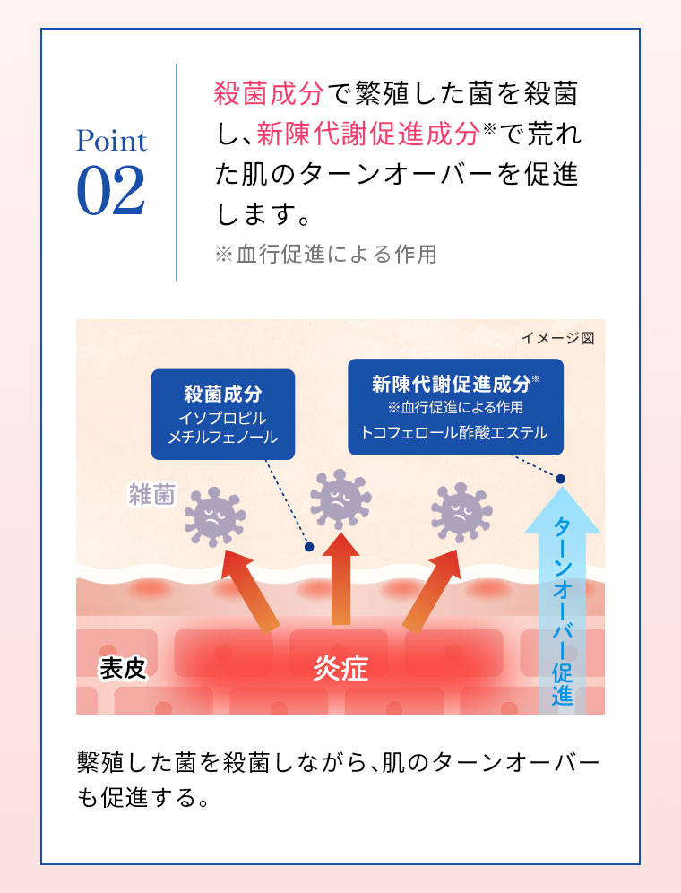 ［Point 02］殺菌成分で繁殖した菌を殺菌し、新陳代謝促進成分※で荒れた肌のターンオーバーを促進します。※血行促進による作用　繫殖した菌を殺菌しながら、肌のターンオーバーも促進する。