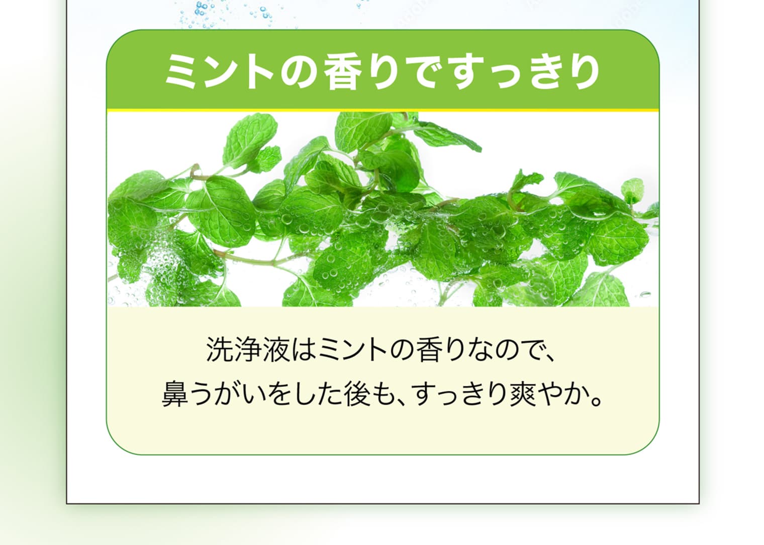 洗浄液はミントの香りなので、鼻うがいをした後も、すっきり爽やか。