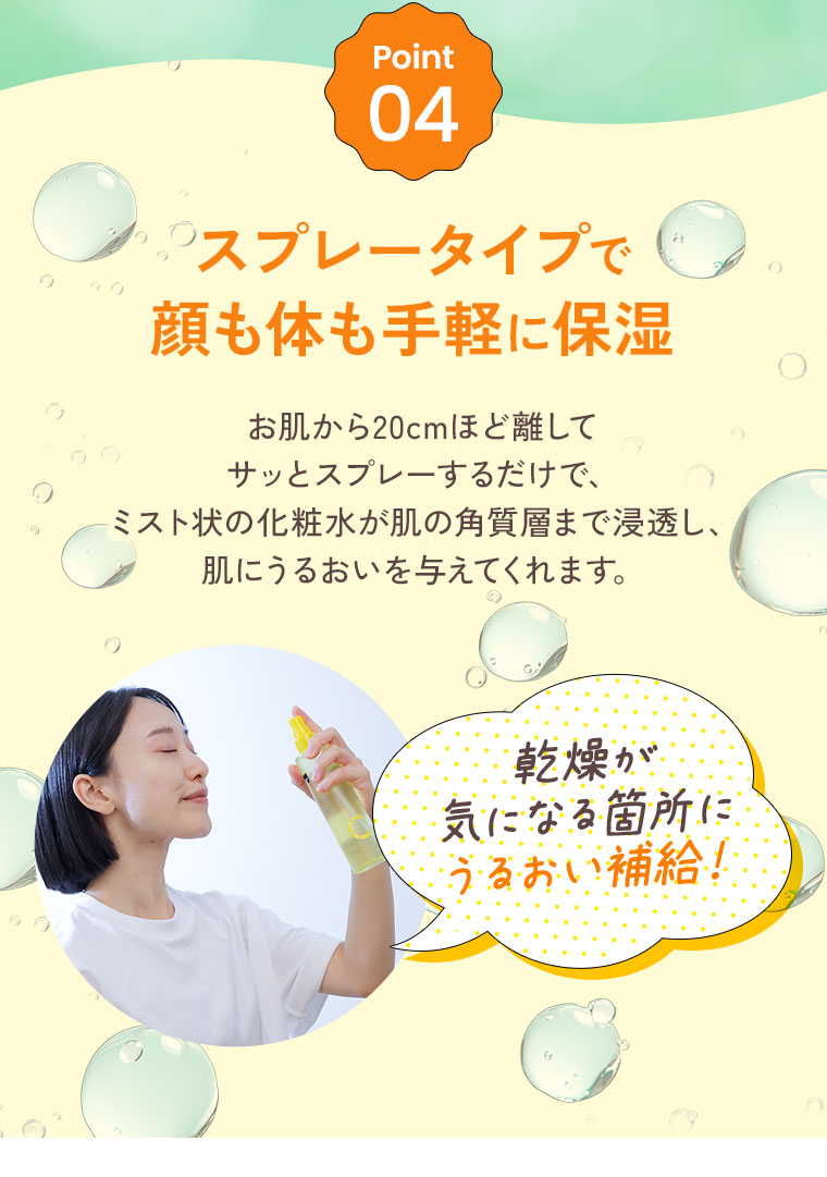 Point 04 スプレータイプで顔も体も手軽に保湿