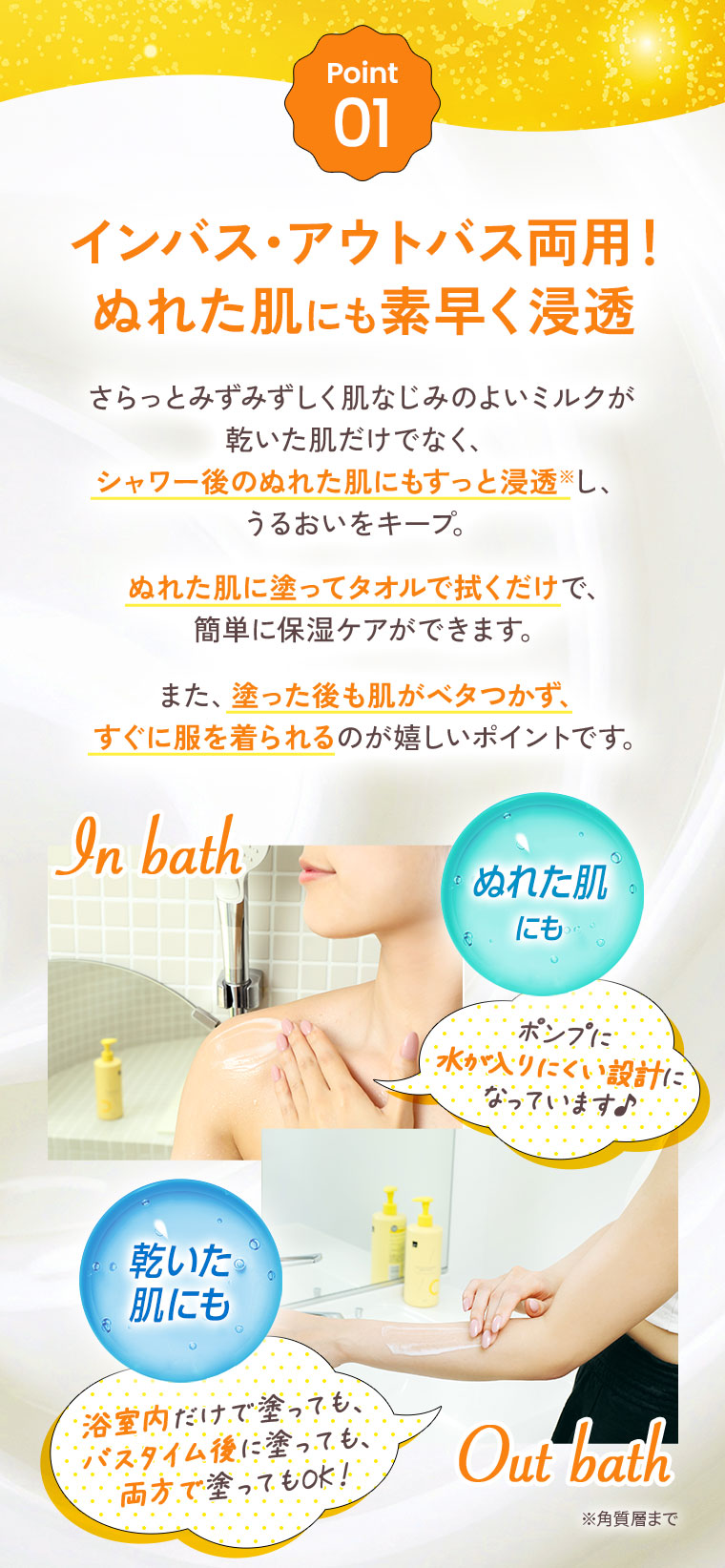 Point 01 インバス・アウトバス両用！ぬれた肌にも素早く浸透