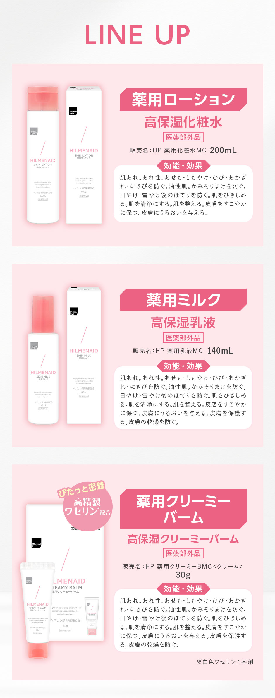 LINE UP 薬用ローション、薬用ミルク、薬用クリーミーバーム 高保湿・医薬部外品