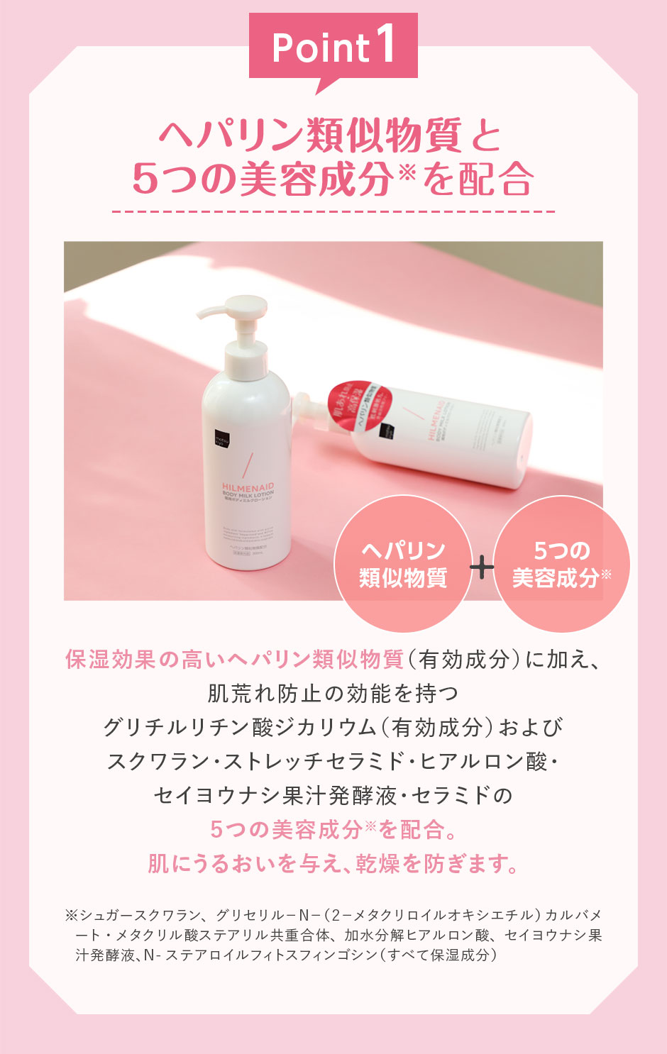 Point 1 ヘパリン類似物質と5つの美容成分を配合 肌にうるおいを与え乾燥を防ぎます
