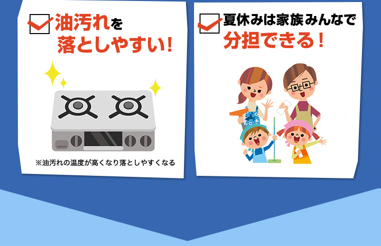 油汚れを落としやすい! ※油汚れの温度が高くなり落としやすくなる 夏休みは家族みんなで分担できる!