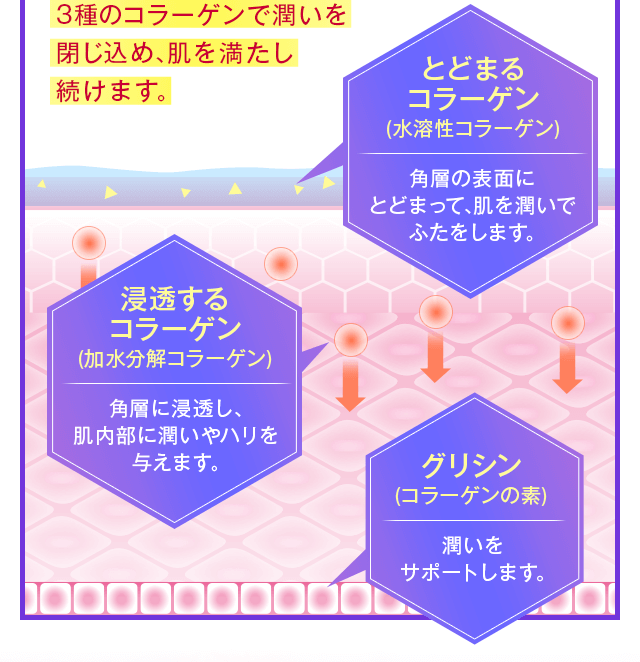 3種のコラーゲンで潤いを閉じ込め、肌を満たし続けます