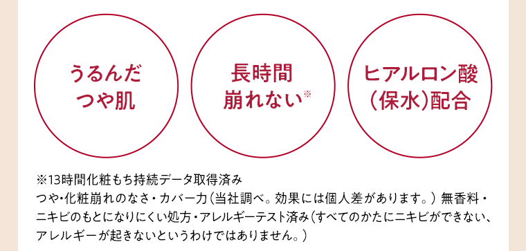 うるんだつや肌　長時間崩れない　ヒアルロン酸（保水）配合