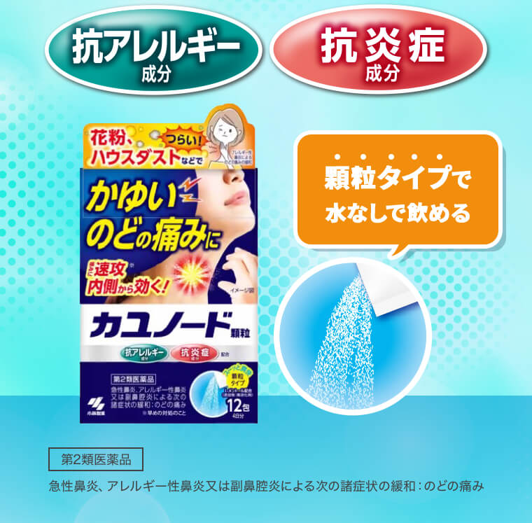 【抗アレルギー成分】【抗炎症成分】顆粒タイプで水なしで飲める　第2類医薬品　急性鼻炎、アレルギー性鼻炎又は副鼻腔炎による次の諸症状の緩和：のどの痛み