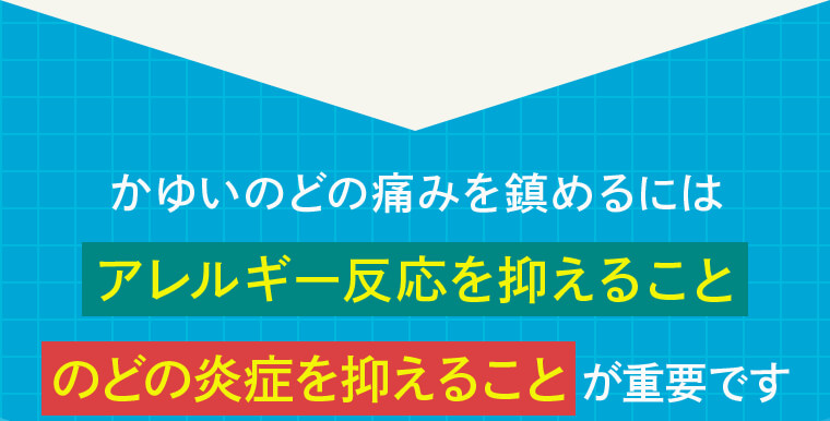 かゆいのどの痛みを鎮めるには「アレルギー反応を抑えること」「のどの炎症を抑えること」が重要です