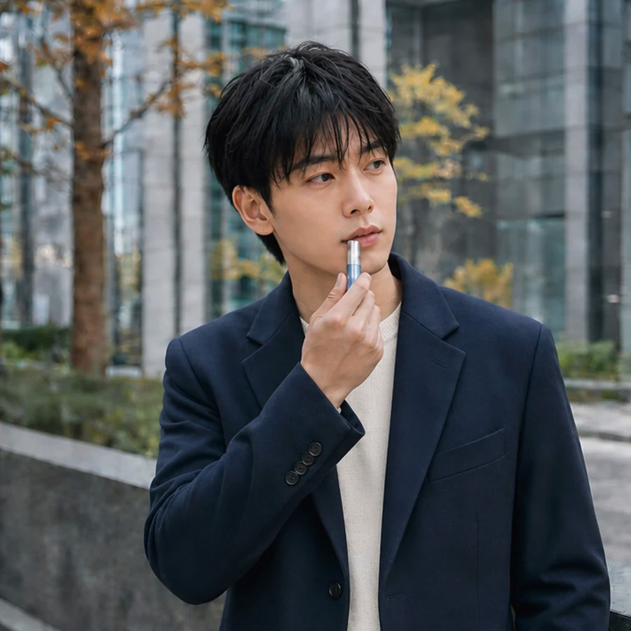 外出先でKNOWLEDGEのリップクリームをさりげなく塗る30代の日本人男性