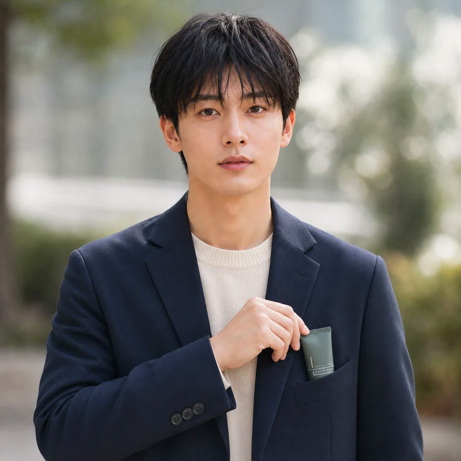 ハンドクリームをコートのポケットへしまう男性