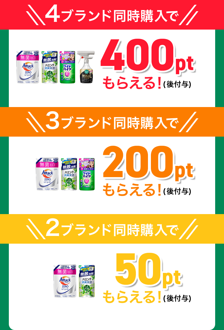 ４ブランド同時購入で400ptもらえる！　３ブランド同時購入で200ptもらえる！　２ブランド同時購入で50ptもらえる！