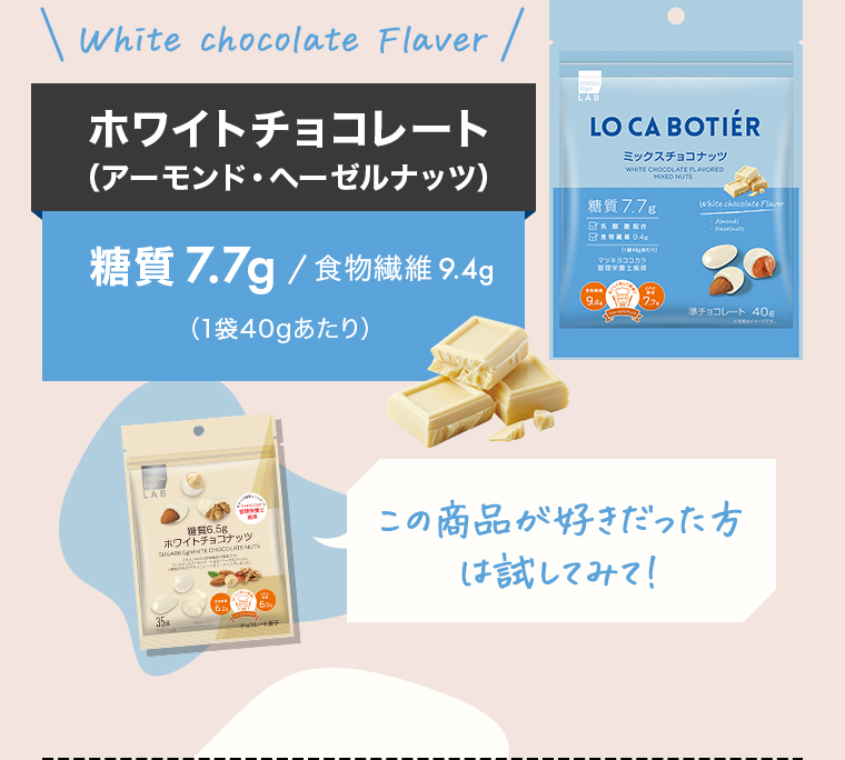 White chocolate Flaver「ホワイトチョコレート（アーモンド・ヘーゼルナッツ）」糖質7.7g/食物繊維9.4g（1袋40gあたり）