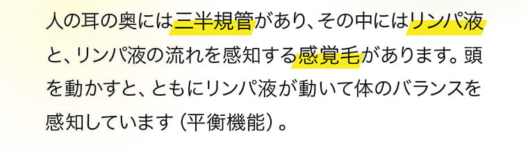 人の耳の奥には三半規管があり、その中にはリンパ液と、リンパ液の流れを感知する感覚毛があります。