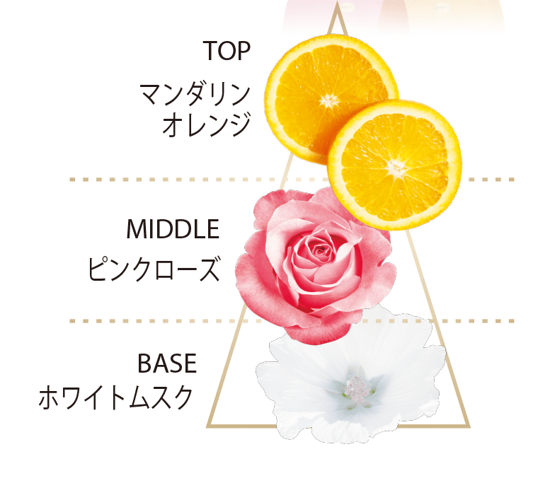 TOP　マンダリンオレンジ｜MIDDLE　ピンクローズ｜BASE　ホワイトムスク