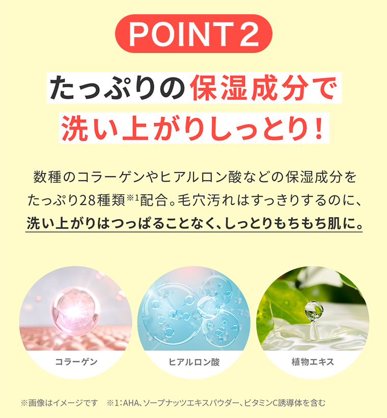 POINT2　たっぷりの保湿成分で洗い上がりしっとり！