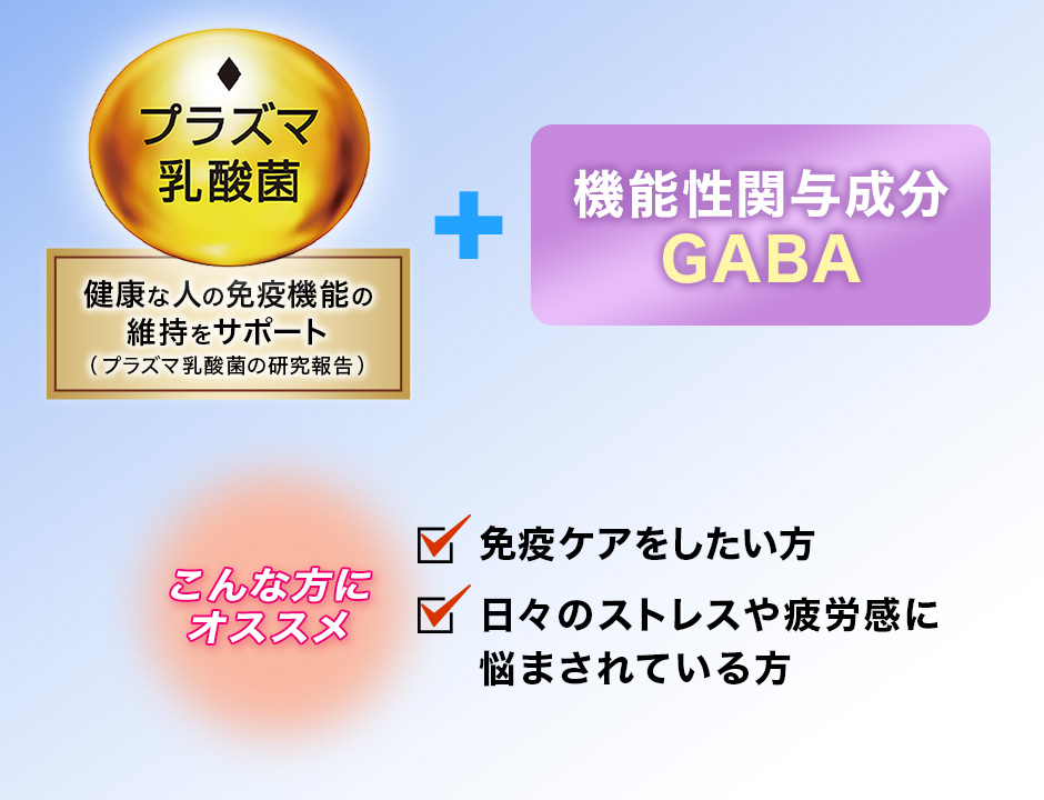 [プラズマ乳酸菌]健康な人の免疫機能の維持をサポート（プラズマ乳酸菌の研究報告）+機能性関与成分GABA こんな方にオススメ：免疫ケアをしたい方。日々のストレスや疲労感に悩まされている方。