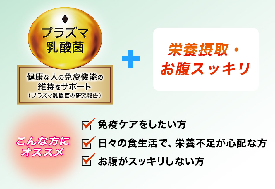 [プラズマ乳酸菌]健康な人の免疫機能の維持をサポート（プラズマ乳酸菌の研究報告）+栄養摂取・お腹スッキリ こんな方にオススメ：免疫ケアをしたい方。日々の食生活で、栄養不足が心配な方。お腹がスッキリしない方。