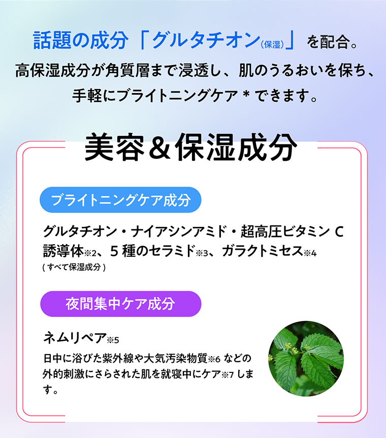 話題の成分「グルタチオン（保湿）」を配合。高保湿成分が角質層まで浸透し、肌のうるおいを保ち、手軽にブライトニングケア*できます。