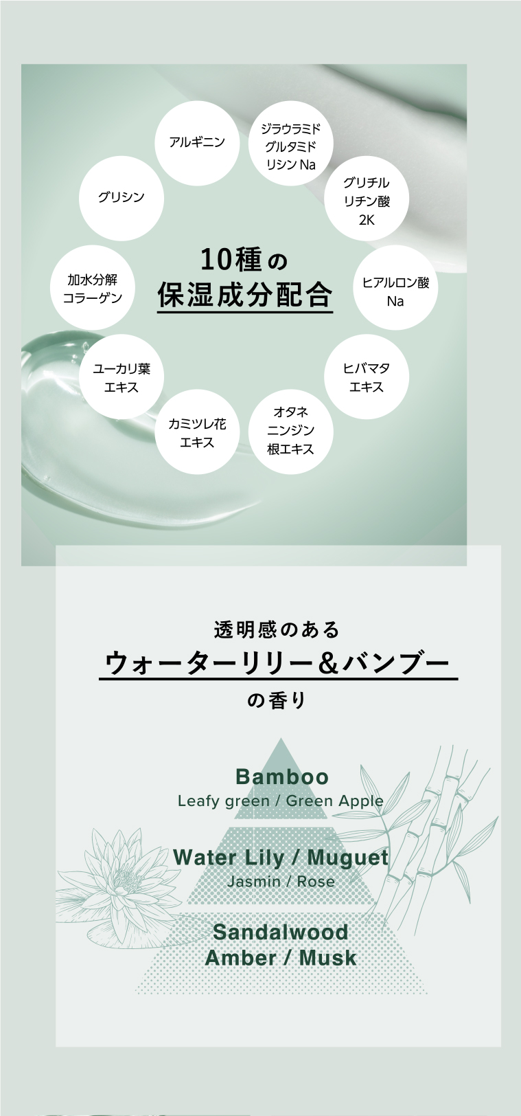 10種の保湿成分配合　透明感のあるウォーターリリー&バンブーの香り
                                      Bamboo Leafy green / Green Apple Water
                                      Lily / Muguet Jasmin / Rose
                                      Sandalwood Amber/Musk